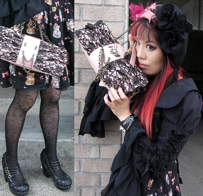 gothic lolita purse, cute girlie bags, designer purses for sale, moda revise, vintage purses, pastel ladies accessories, modarevise, anime manga inspired clothing, fashion, bloggers fashion collaborations, lolita satchel, gothic purses, innocent world dress, lolita jsk, egl sales, elegant gothic lolita, beret, feather headband, pink lace