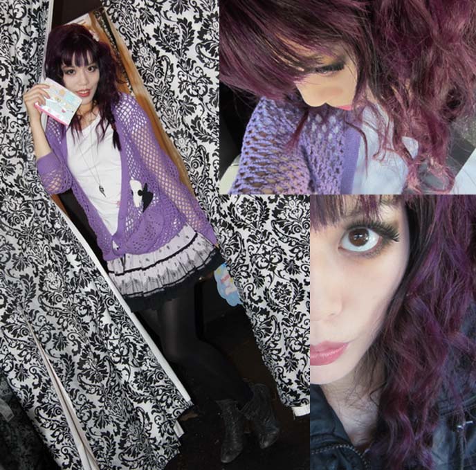 elf makeup, kawaii jewelry, cute sanrio accessories, travel compact makeup kit, best makeup palette, misikko hair curler, emo hairstyles, purple hair, violet hair dye, dark purple hairstyle, japanese goth fashion, alternative street style, cute goth girls, candy stripper, heart shaped necklace, skull sweater, jpop idols, kpop hair and makeup, jpop fashion, japan idols photos, big eyes japanese