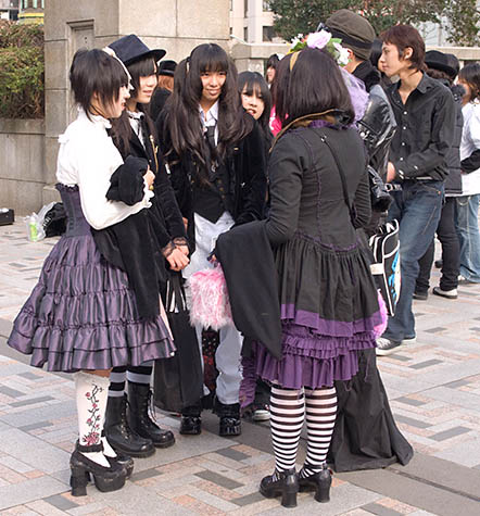 Omotesando Bridge with Harajuku girls in Gothic Lolita, Visual Kei and Cosplay style.