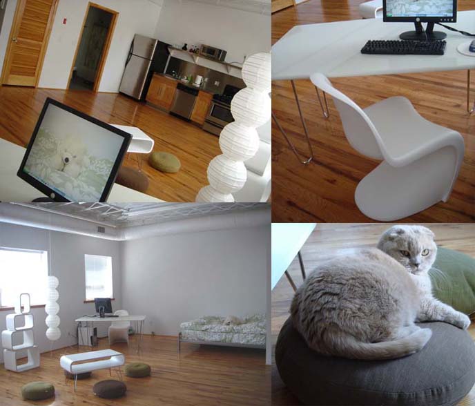 Zen Minimalist Loft, interior design high ceilings, meditation cushions, Verner Panton chair.