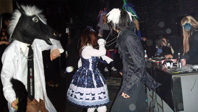 Dancing Gothic Lolita girl in Tokyo at Gothic Bar Heaven, Goth club nights in Japan. Horse head mask, scary.