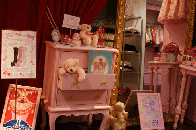 Sweet lolita teddy bears, plush toys, poodles from Angelic Pretty store in Tokyo. Pink cute kawaii furniture design for kids, young girls.