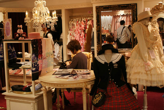 Metamorphose temps de fille Japanese sweet lolita clothing. EGL shopping, elegant gothic lolita and aristocrat stores with Victorian and Rococo style hats, long ruffled and tiered dresses, pink bunny toys.