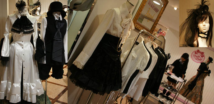 Kera Shop Angel clothing, sweet lolita shopping in Tokyo, Japan. Victorian mourning funeral hats, giant jabots and long white Goth coat at Maruione department store.