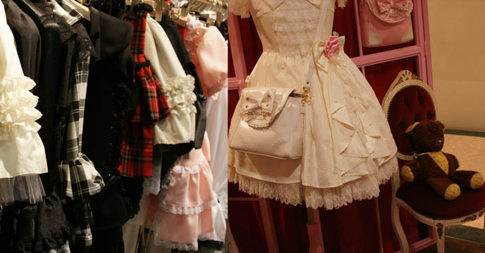 Sweet Lolita ruffled dresses, sleeves on long Victorian blouses. Shopping at Marui Young Shinjuku 0101 department store.