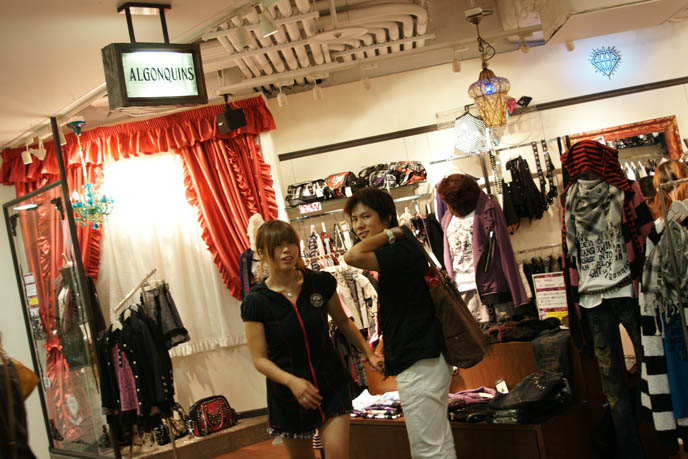 Interior of Algonquins shop in giant Tokyo mall, Laforet department store. Punk striped clothing, hoodies, Japanese streetwear brand.