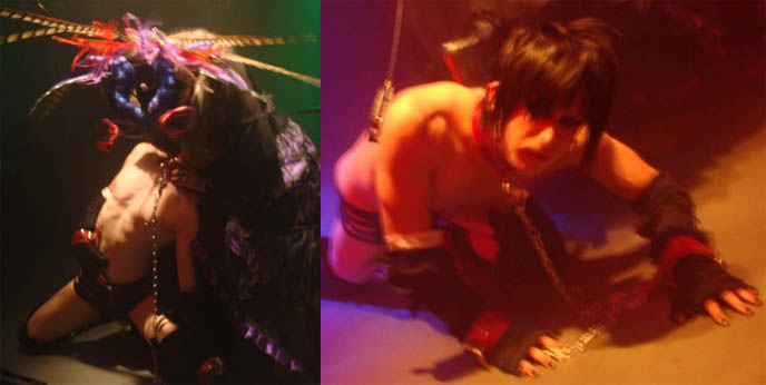 Fetish S&M exhibition performance at Japan club night, Tokyo Dark Castle. Selia and goth boy in collar, dragged by chain.