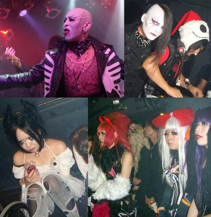 DJ Takuya Angel and Chihiro spinning occult Japanese EBM Industral and Electro music at Tokyo Dark Castle. Goth nightlife fashion, clubbers in wild cyber rave Halloween costumes.