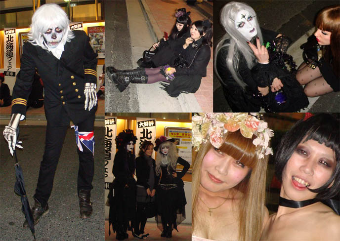 Crazy wild Japanese cyber goth club fashion. Spooky Gothic Lolita makeup, facepaint. Creepy pirate Halloween costume at Tokyo Dark Castle.