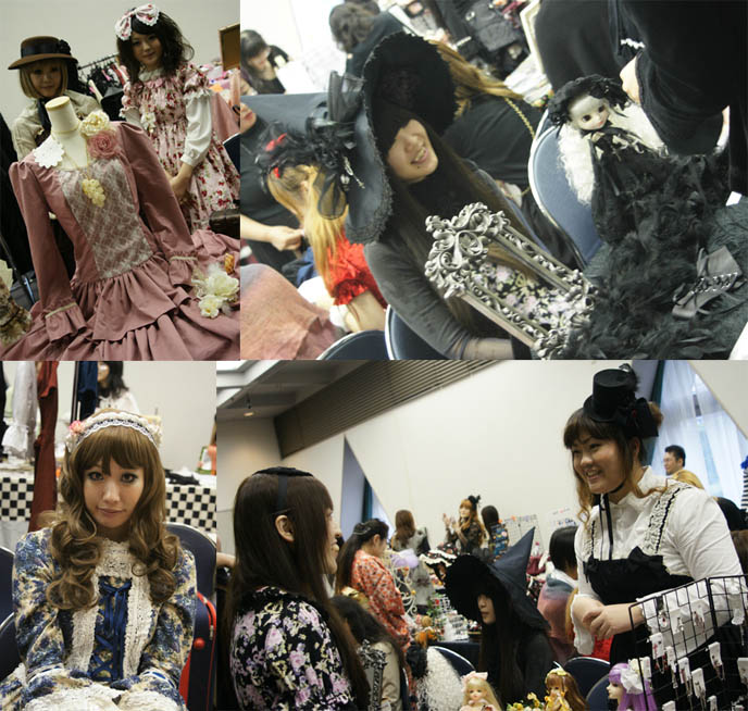 Victorian costumes on Harajuku girls. Witch hat, giant bows on head, dolls Alamode Market, Gothic Lolita shopping and small designer boutiques, presented by D's Valentine in Tokyo Japan.