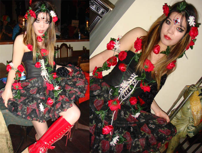 La Carmina wearing crown of roses and leather corset Goth costume at Tokyo Decadance, cyber fetish electro party in Shinjuku's Christon Cafe, Japan.