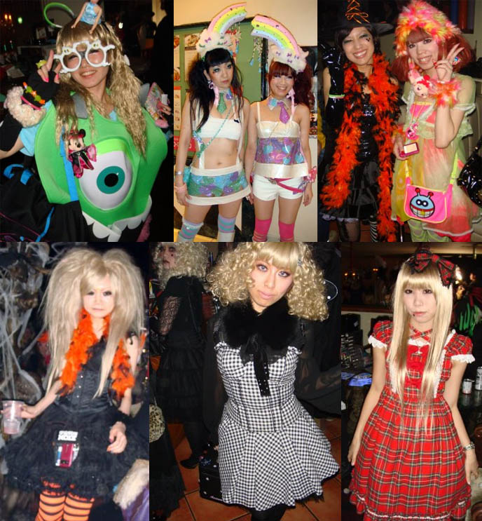 Tokyo Decadance Halloween party club kid costumes. Japanese Lolitas in nightclub, Christon Cafe in Shinjuku. Cyber new rave and fetish party.