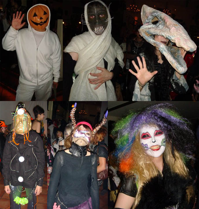 Scary Japanese masks, Halloween costumes at Tokyo Decadance. Pumpkin mask, monster special effects makeup, clown and buddha disguises, masks.