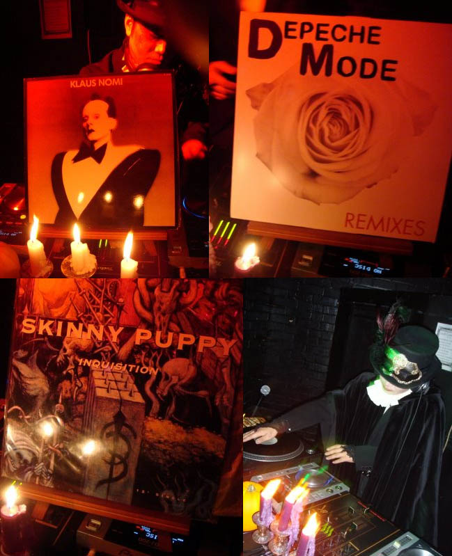 Goth DH EZ Go music soundtrack, Klaus Nomi vinyl, Depeche Mode album cover, Skinny Puppy album. Songs played at Japanese Club Cemetery, Goth nightclub Halloween party or event at Club Hoop, Shinjuku, Tokyo.