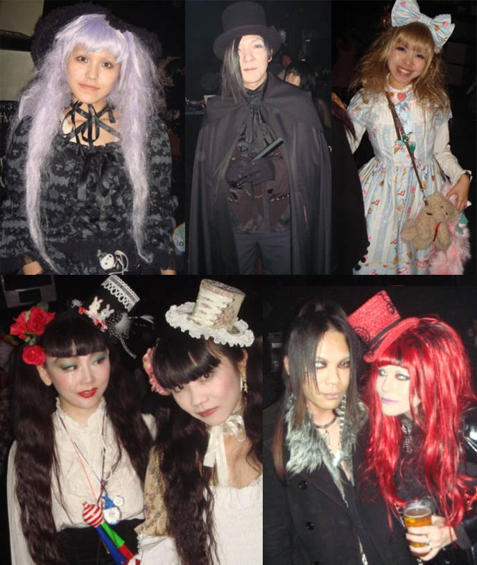 Japanese goth girls at party, cute Gothic Lolita hats and Victorian dresses. Alamode Night club event, featuring Pudding Alamode, D's Valentine, Dj Chihiro, at StudioCute326 in Tamachi, Tokyo, Japan.