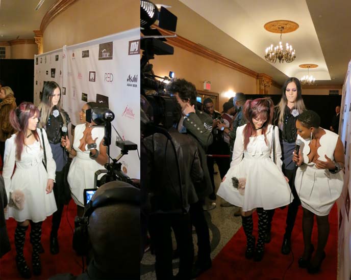 LA CARMINA ON RED CARPET, PROJECT RUNWAY DESIGNERS FASHION SHOW, FAME ROCKS. NY FASHION WEEK FAB PARTY. Red carpet interviews, entertainment reporters, NEW YORK FASHION WEEK events, celebrity red carpet, ny fashion week 2012, february 2012, lincoln center, gloomth, sweet lolita dress, cute lolitas, cute japanese lolis, stevie boi sunglasses, lady gaga sunglasses, designer eyewear, sweet lolita girl, tokyo fashion snaps, vampire fashion, vampire makeup, fashion bloggers conference, how to get tickets to ny fashion week, mbfashionweek, mercedes benz fashion week, new york city fashion, runway shows, fashion show invites, invitations, blogger events, fashion blog collaborations