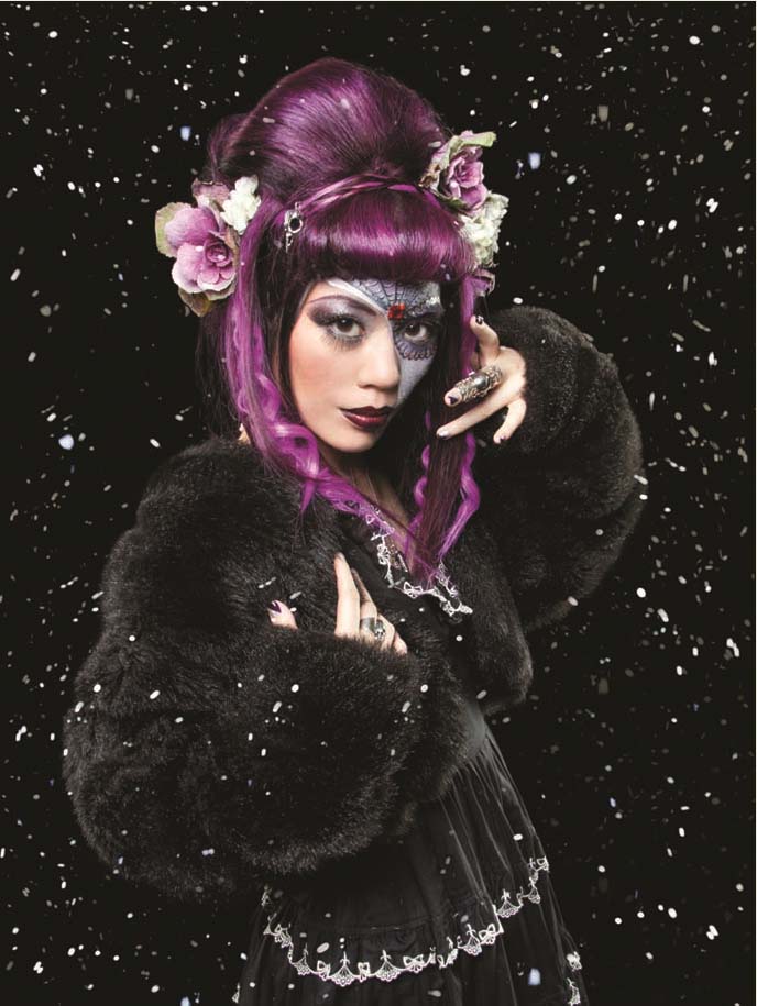 gothic beauty, gothic beauty magazine cover, mexican makeup, sugar skill, makeup tutorial, airbrushing, award-winning makeup, best makeup photos, purple hair dye, goth hairstyles, gothic extensions, innocent world, lolita clothing, goth model, alternative modeling, half face makeup, poof hairdo, LA CARMINA IN GOTHIC BEAUTY MAGAZINE! MEXICAN SUGAR SKULLS MAKEUP, PURPLE EXTENSIONS HAIRSTYLE, gothic LOLITA DRESS.