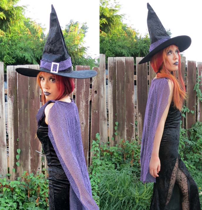 purple cape, morticia addams dress, witch costume, sexy womens costumes, halloween 2012 costumes, women costumes, witch outfit, witch makeup, long goth gown, tight dress with long leg slit, elegant witch, pointy hat, cosplay, wicked witch costumes, 2012 halloween costume, goth makeup, black purple lipstick, halloween costume ideas, gothic witch