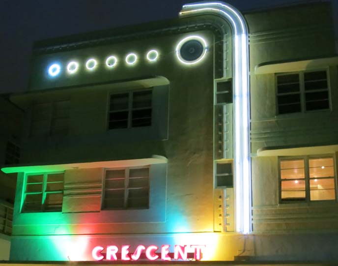 crescent hotel miami, art deco hotel, miami deco hotels, neon art deco lights, deco nights, ocean drive hotels, art nouveau