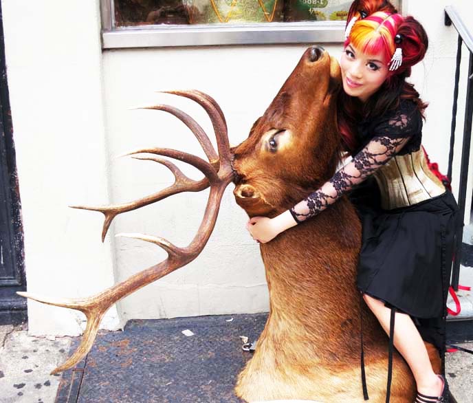 elk head, goth girl hair, gothic makeup, goth tv host