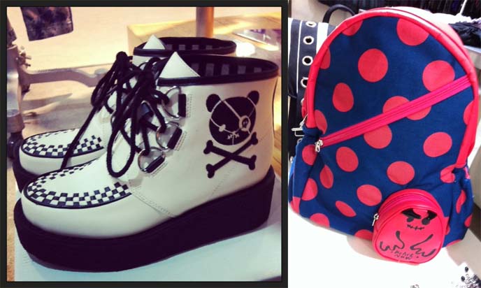 white black creeper shoes, tokyo creepers, polka dot backpack, peace now backpack, bpn shoes