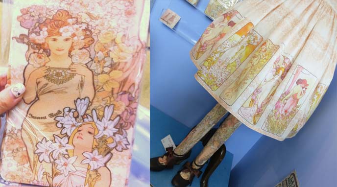 innocent world alphonse mucha collaboration, sweet lolita dress, mucha clothing, art nouveau fashion, mucha tights, art nouveau stockings