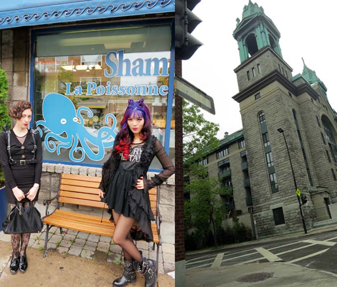 Montreal gothic church, hipsters, shops