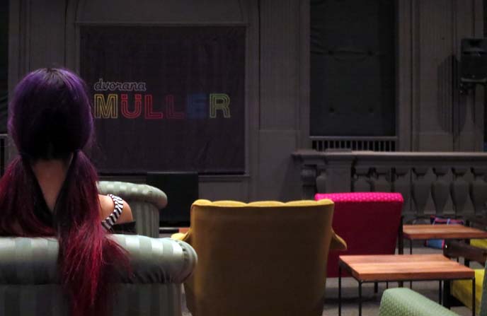 purple hair pigtails, colorful sofas