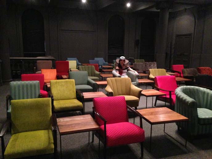 colorful chairs, film screening room