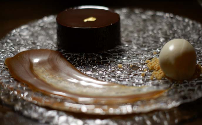 chocolate cake, ice cream, gold leaf