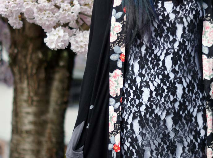 lace sheer dress, flower kimono jacket