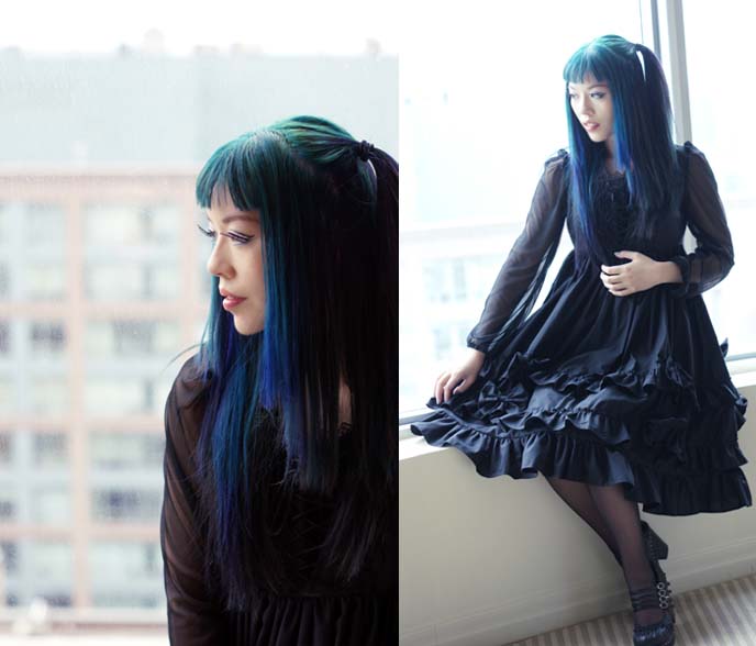 green blue hair ombre, goth model