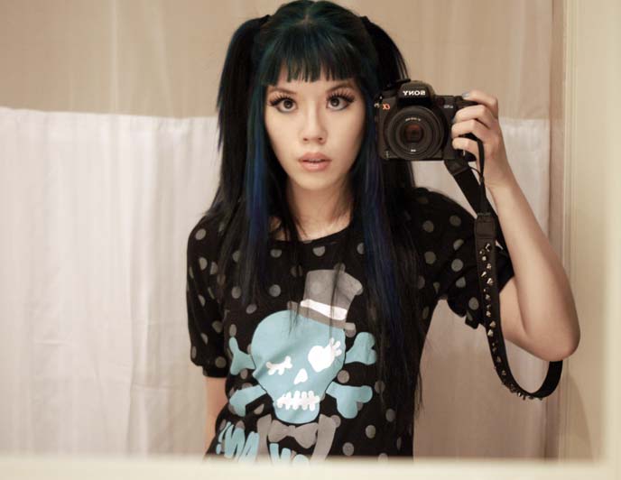 pastel goth polka dot shirt, teal skull