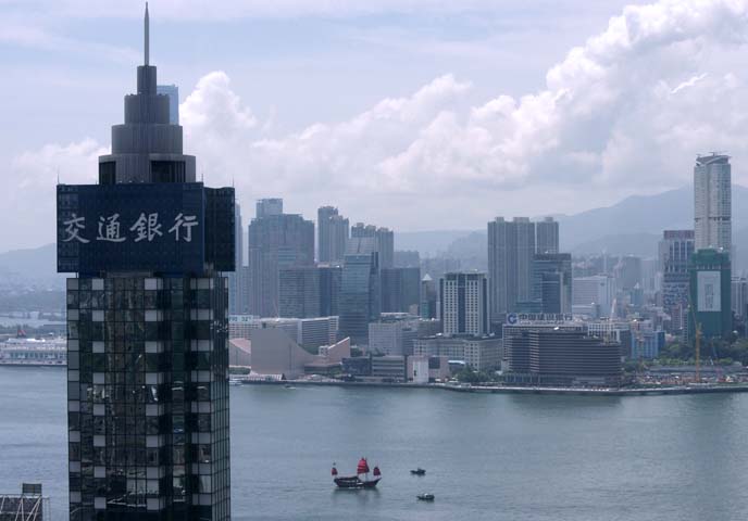 hong kong harbor buildings, junk boat