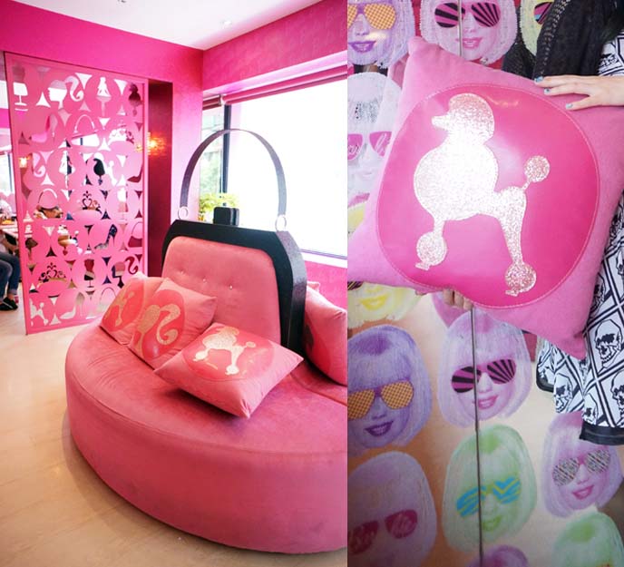 barbie purse shaped sofa, poodle pillows