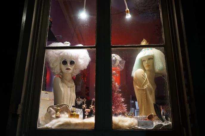 pastel wig store window