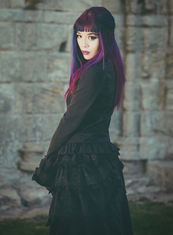 purple hair bangs, goth hairstyle