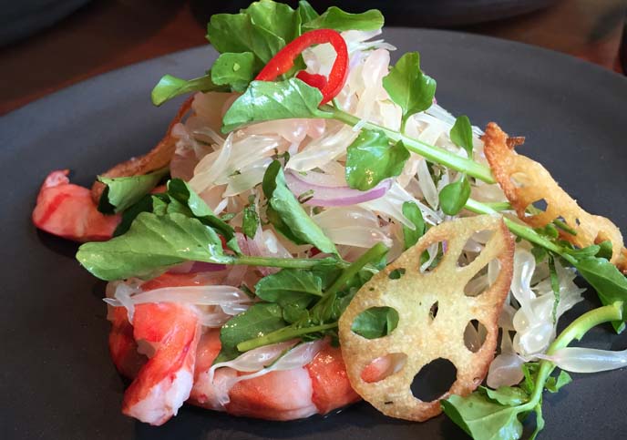 salad with melon, lotus chips