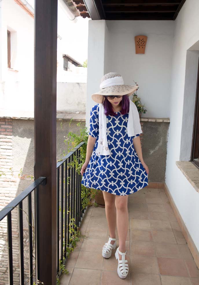 screen printed shift dress, blue white