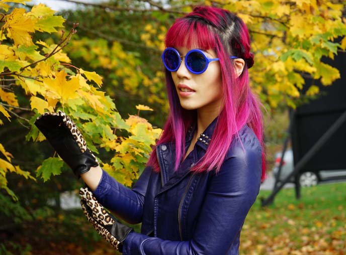 magenta hair color, round hippie linda farrow sunglasses