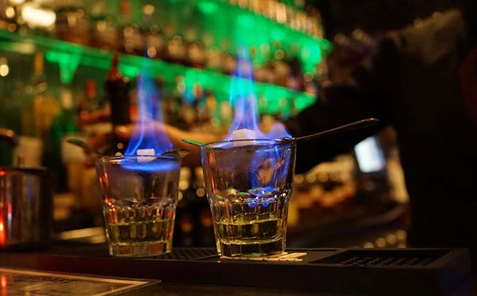 absinthe on fire, blue flames