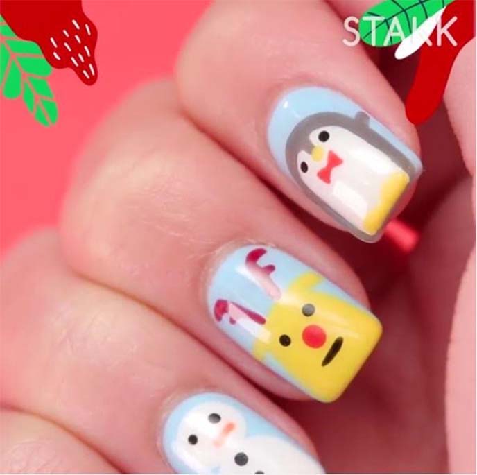 holiday nail art, christmas penguin nails