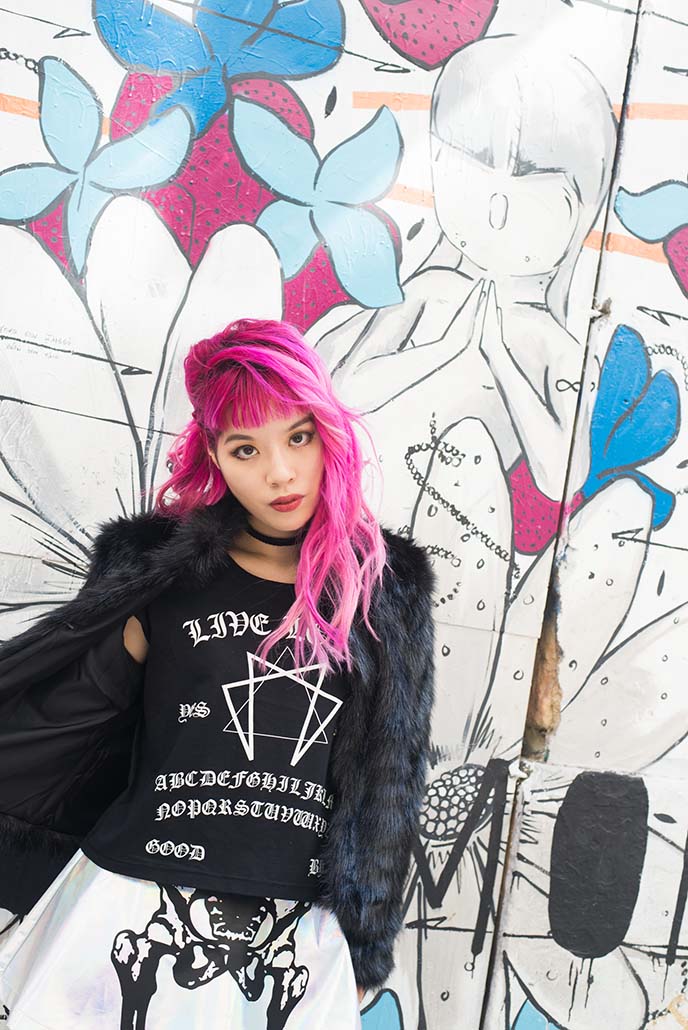 asian pink hair, gothic fashion