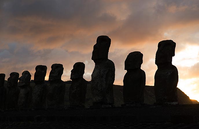 sunrise silhouette easter island moai