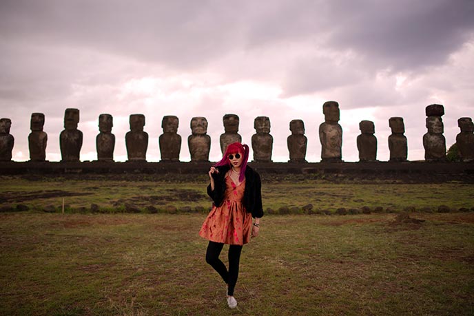 female travel bloggers easter island sun rising tongariki row moai