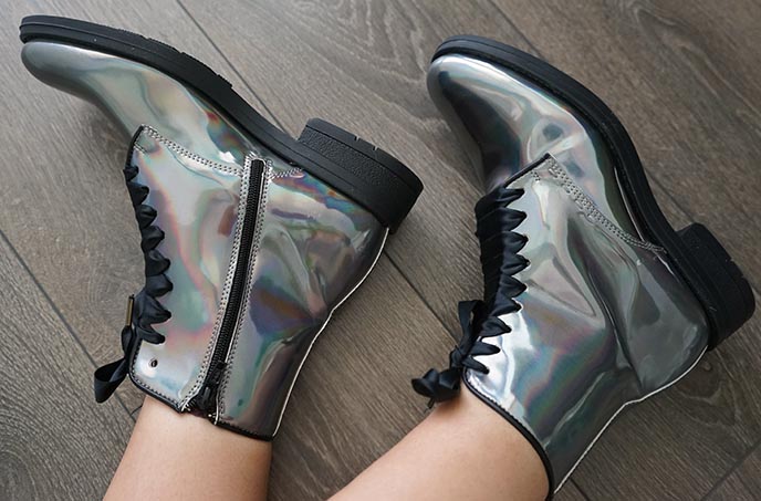 irregular choice silver iridescent boots shoes