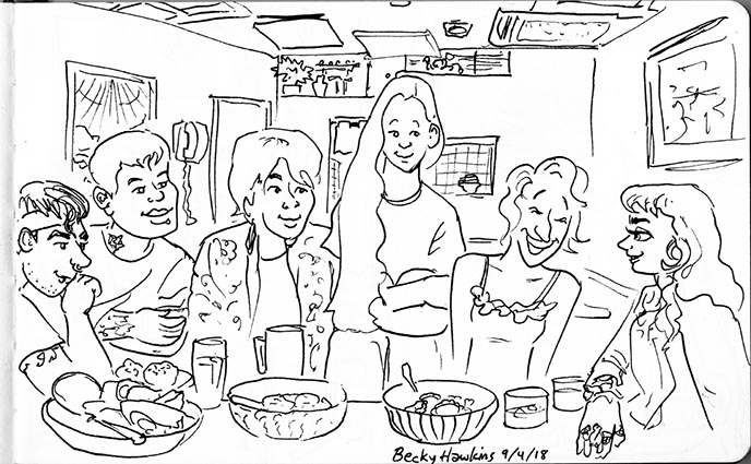 friends at restaurant sketch