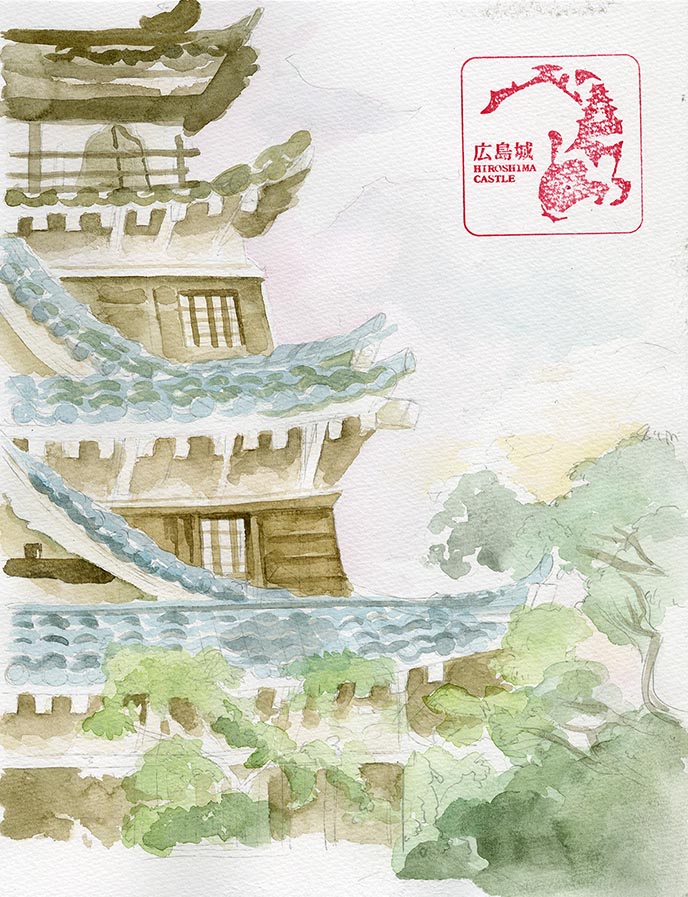 hiroshima castle watercolor japan