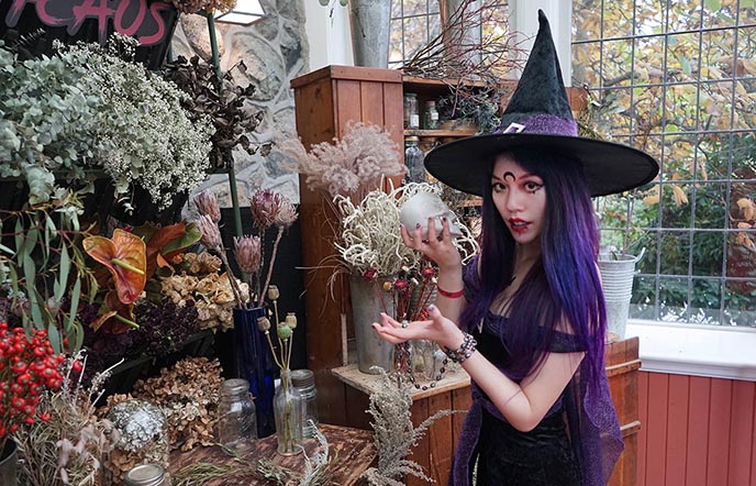 elegant designer witch costume, witches hat