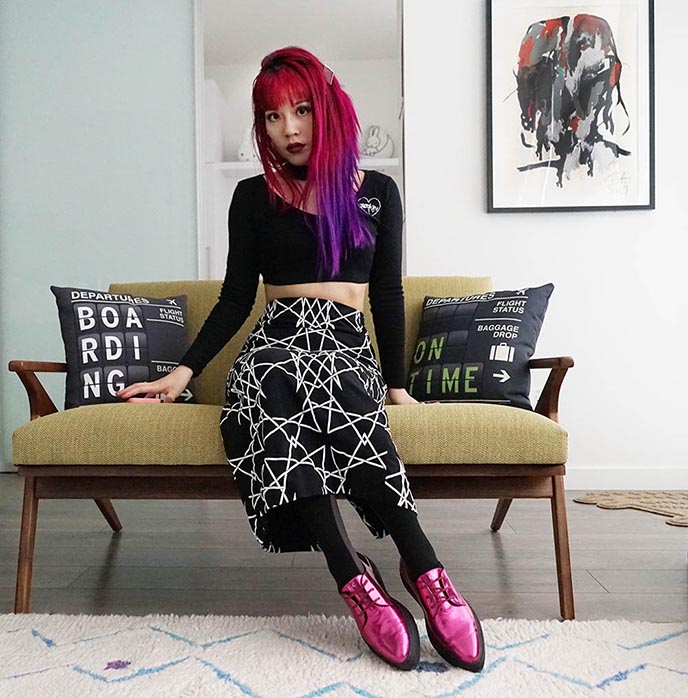 long clothing hexagon geometric skirt, nu goth fashion, goth girl pink purple hair